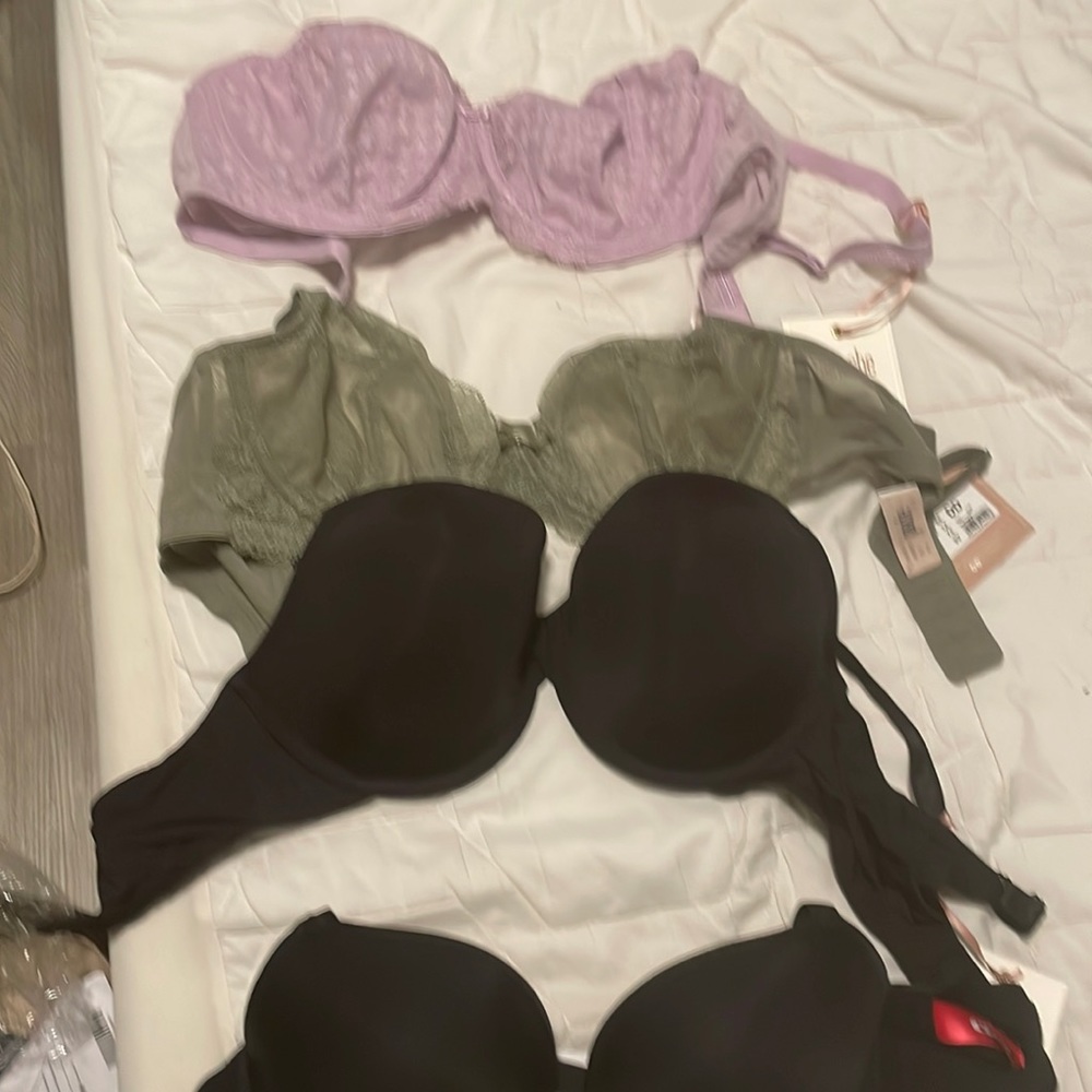 Panache underwire bras in 34DD: lavender lace, olive lace and black T-shirt
